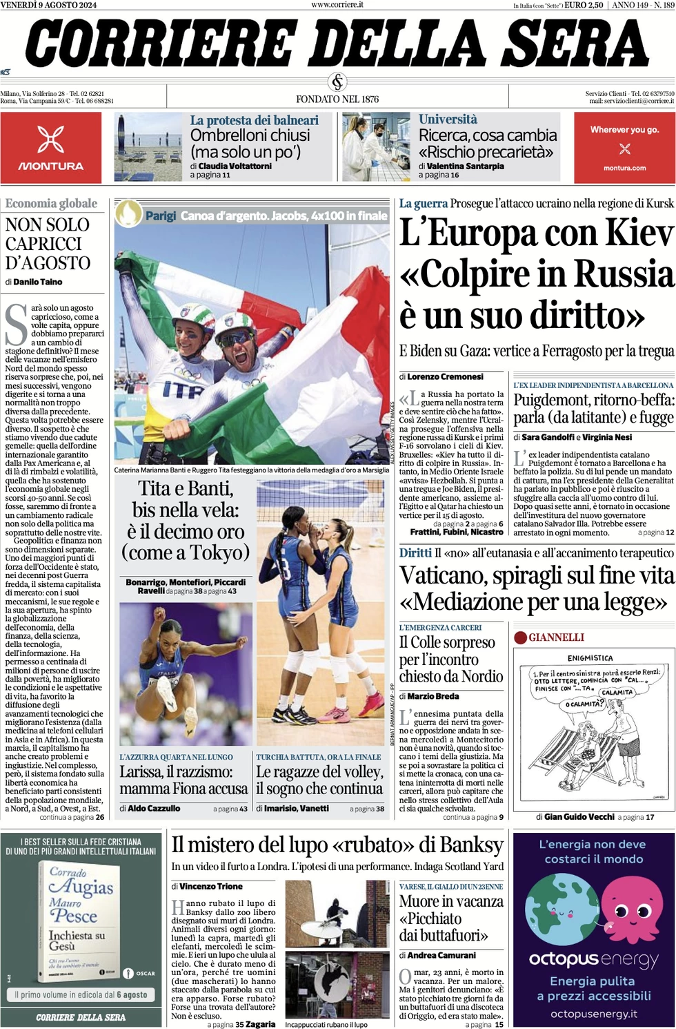 anteprima della prima pagina di corriere-della-sera del 09/08/2024