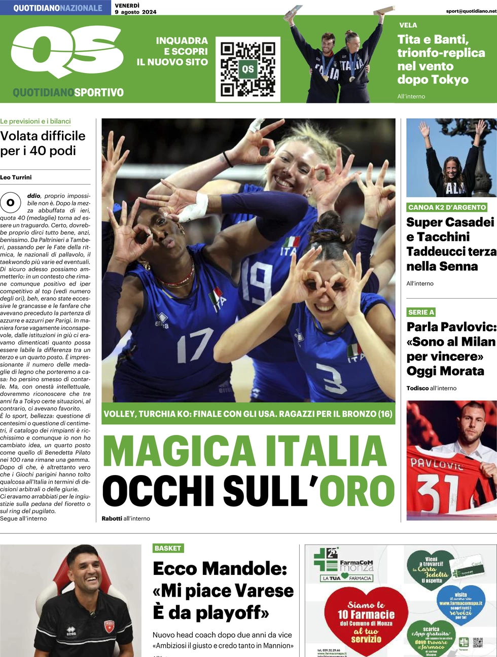 anteprima della prima pagina di qs-quotidiano-sportivo del 09/08/2024