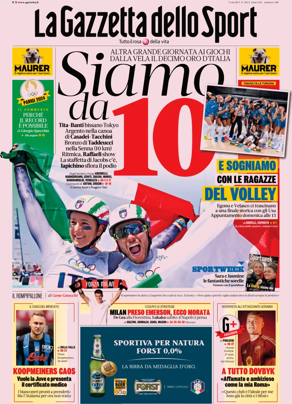 anteprima della prima pagina di la-gazzetta-dello-sport del 09/08/2024