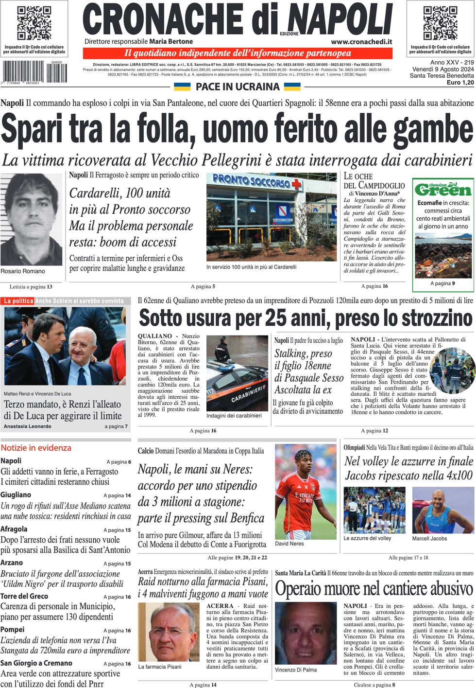 anteprima della prima pagina di cronache-di-napoli del 09/08/2024