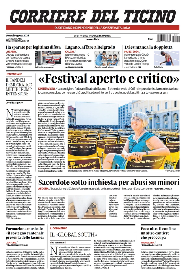 anteprima della prima pagina di corriere-del-ticino del 09/08/2024