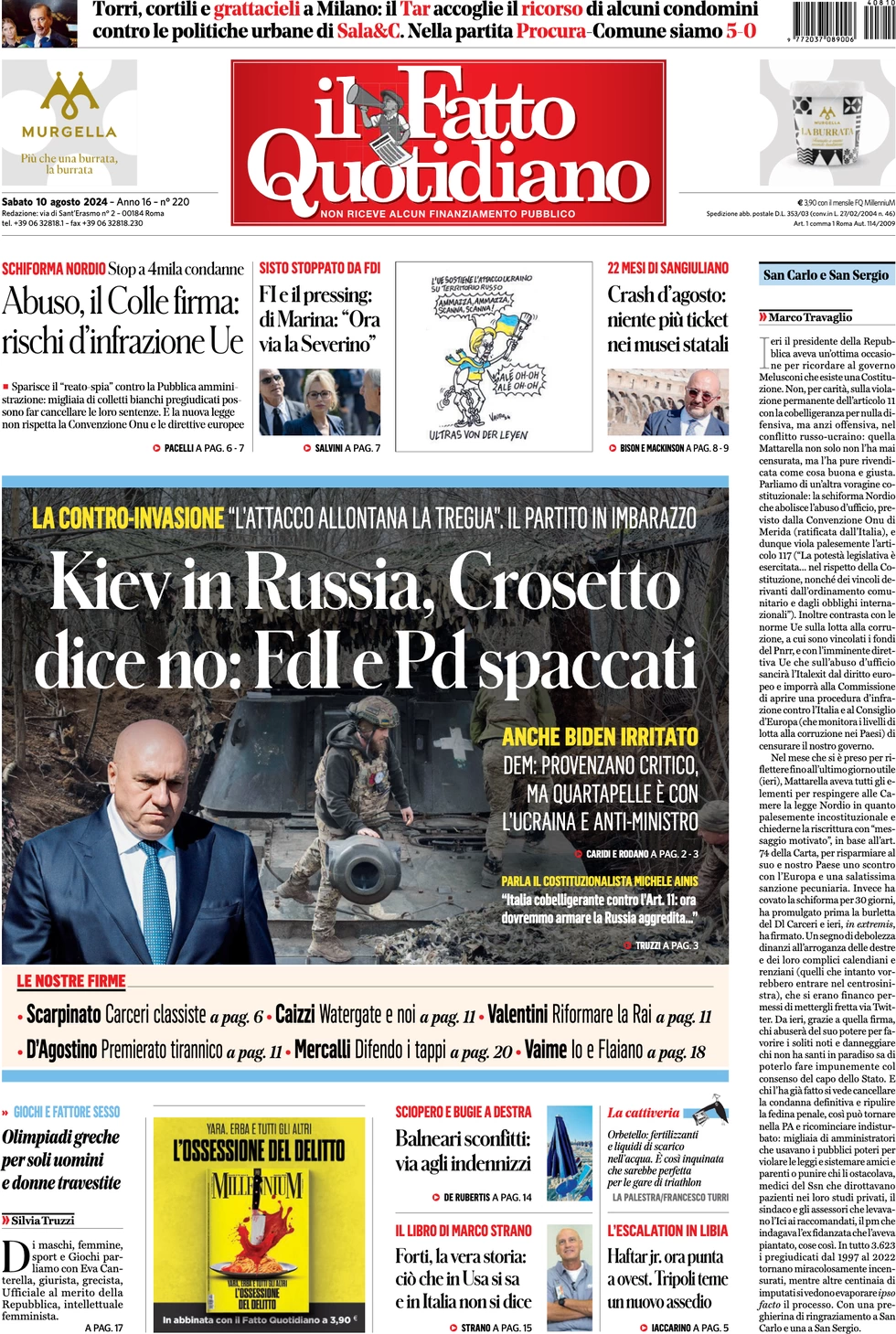 anteprima della prima pagina di il-fatto-quotidiano del 10/08/2024