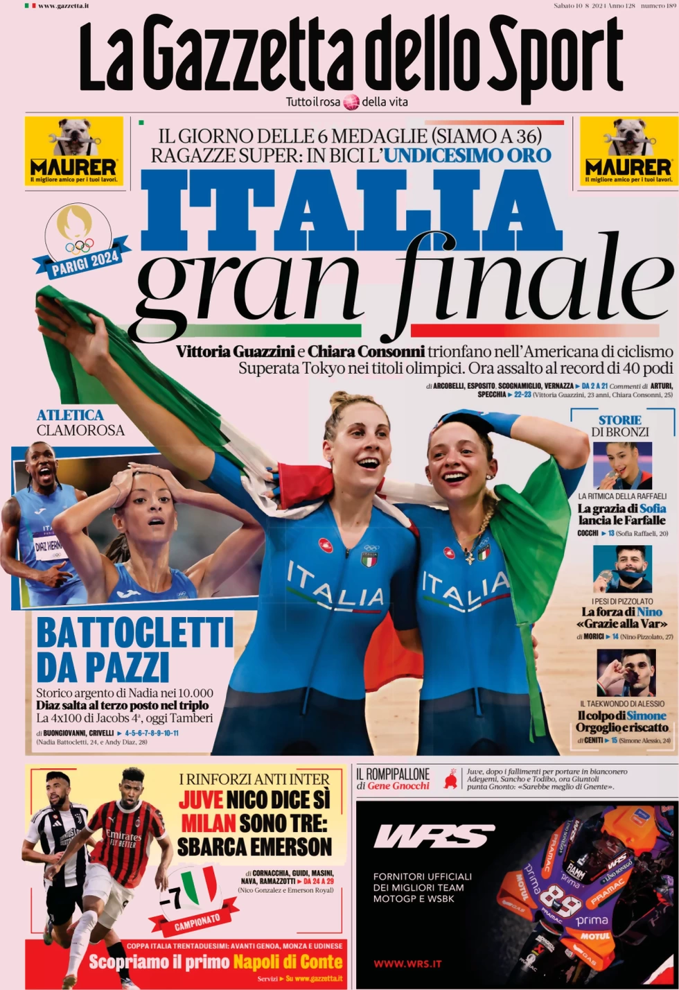 anteprima della prima pagina di la-gazzetta-dello-sport del 10/08/2024