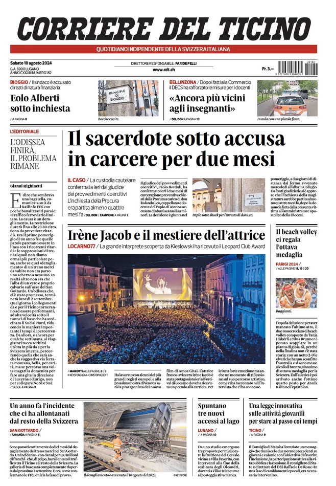 anteprima della prima pagina di corriere-del-ticino del 10/08/2024