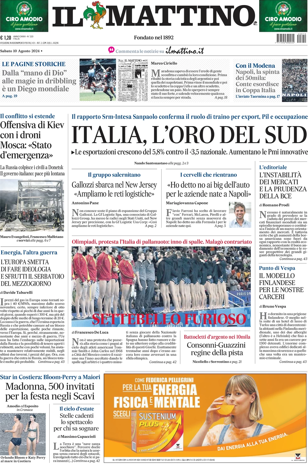 anteprima della prima pagina di il-mattino del 10/08/2024