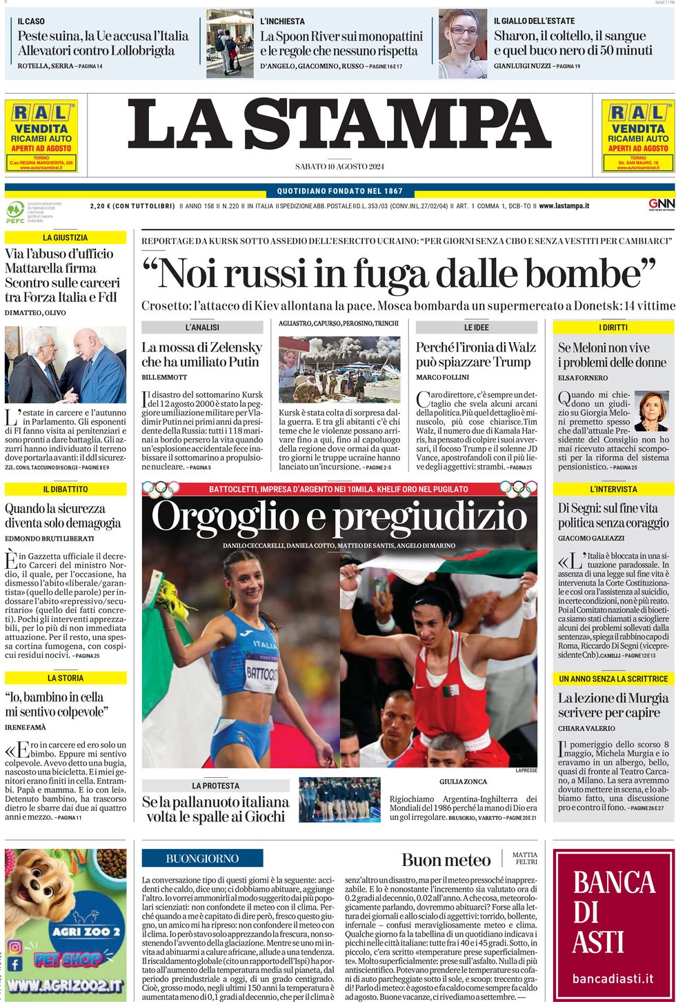 anteprima della prima pagina di la-stampa del 10/08/2024