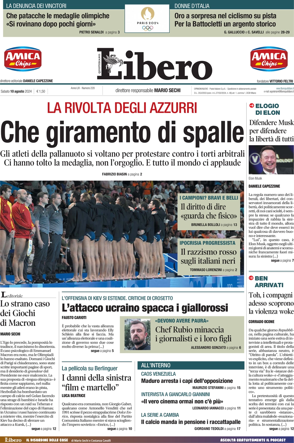 anteprima della prima pagina di libero-quotidiano del 10/08/2024