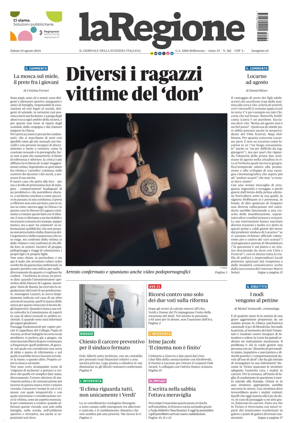 anteprima della prima pagina di la-regione del 10/08/2024