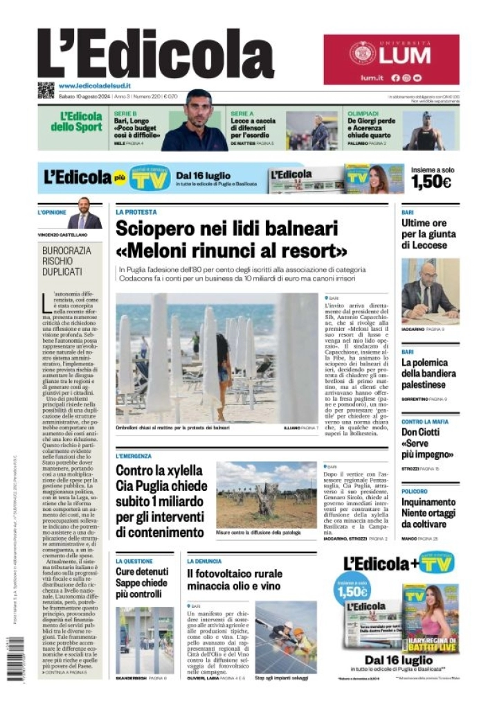 anteprima della prima pagina di ledicola-del-sud-bari,-foggia,-basilicata del 10/08/2024