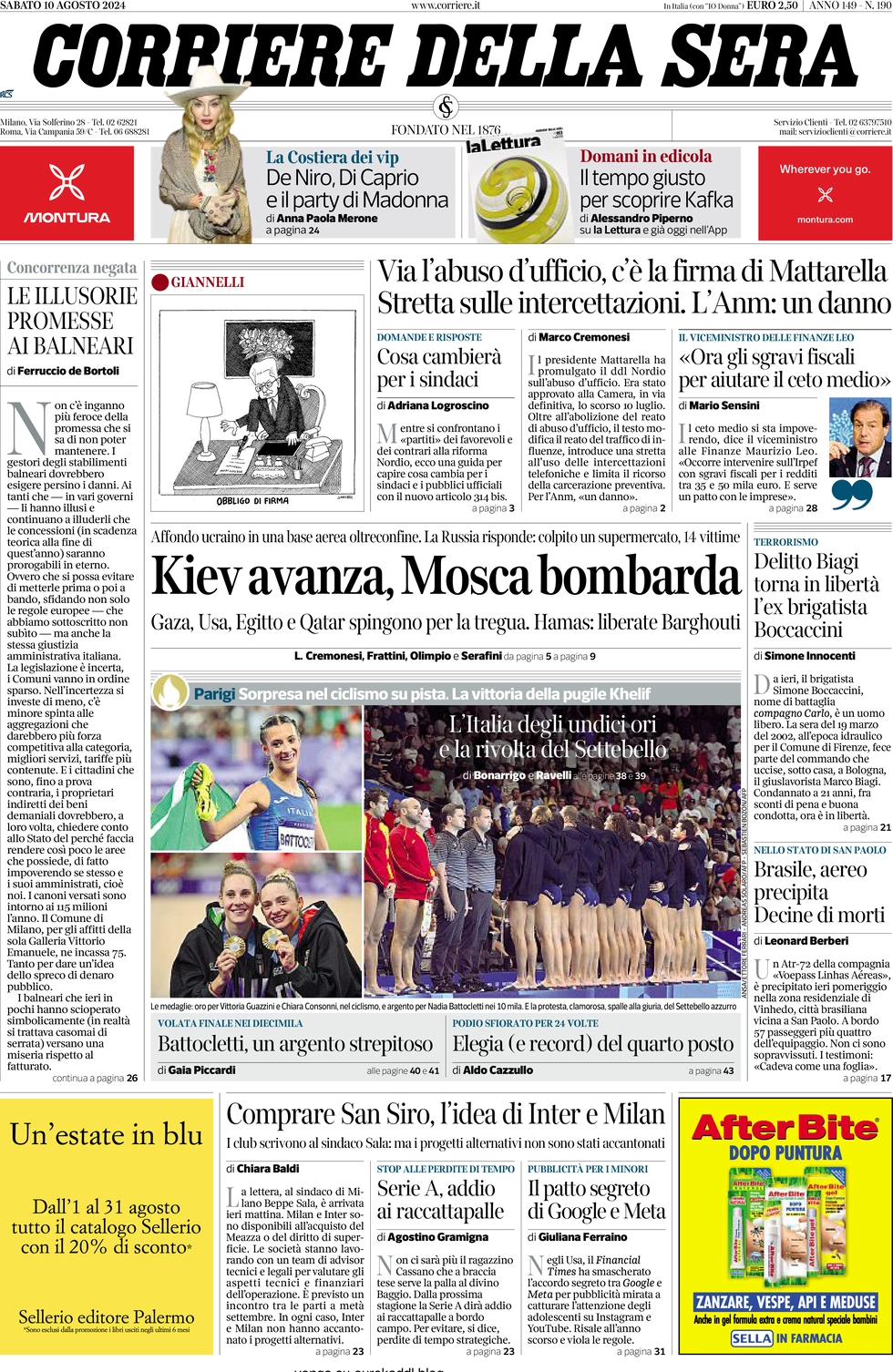 anteprima della prima pagina di corriere-della-sera del 10/08/2024