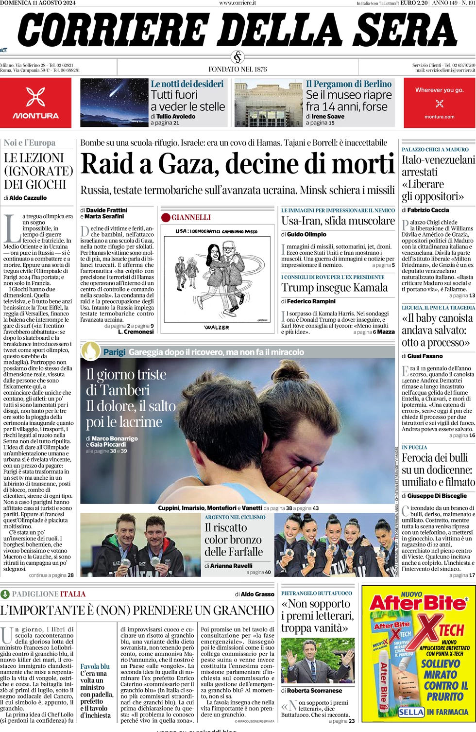 anteprima della prima pagina di corriere-della-sera del 11/08/2024