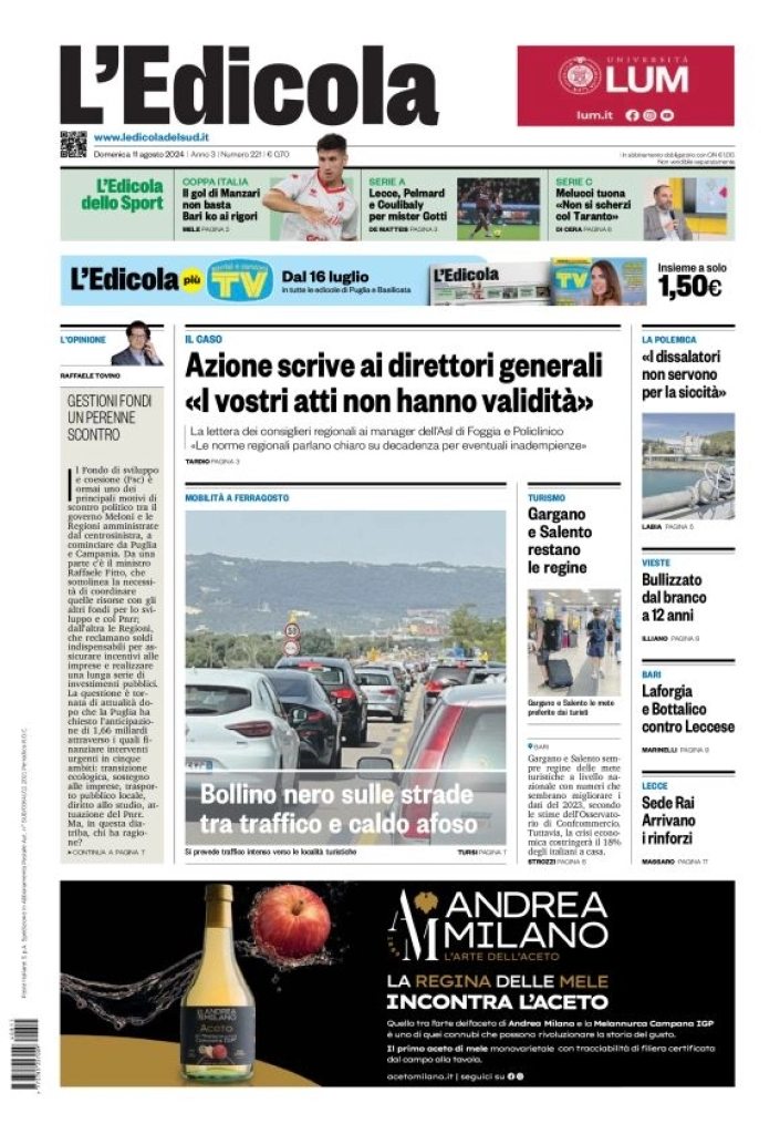 anteprima della prima pagina di ledicola-del-sud-bari,-foggia,-basilicata del 11/08/2024