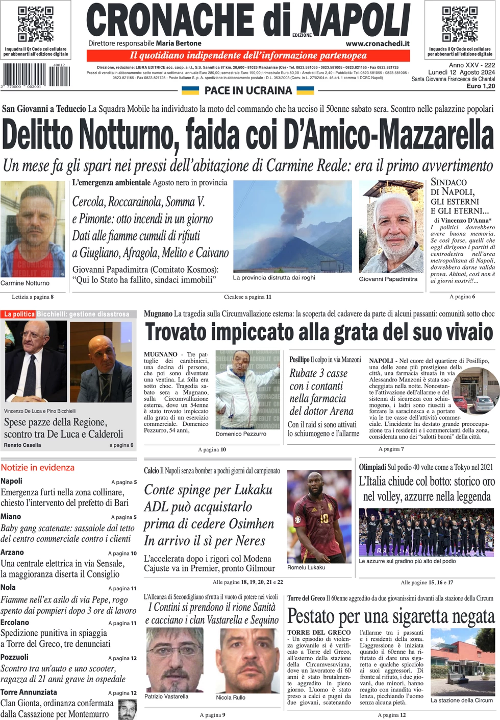 anteprima della prima pagina di cronache-di-napoli del 12/08/2024