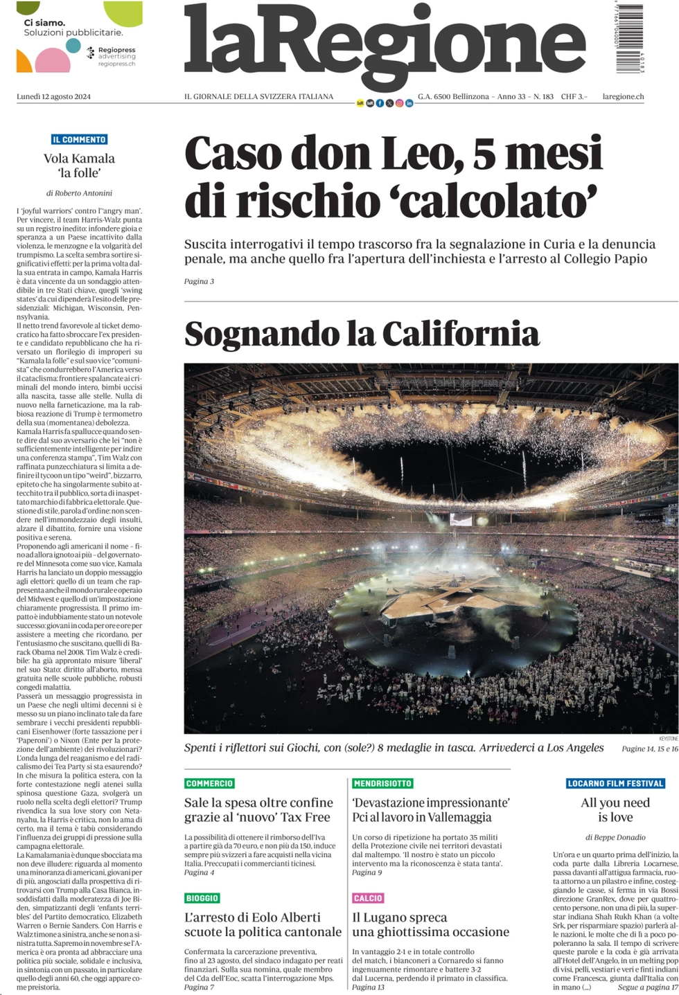 anteprima della prima pagina di la-regione del 12/08/2024