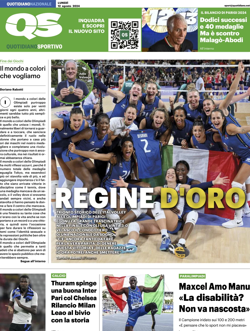 anteprima della prima pagina di qs-quotidiano-sportivo del 12/08/2024