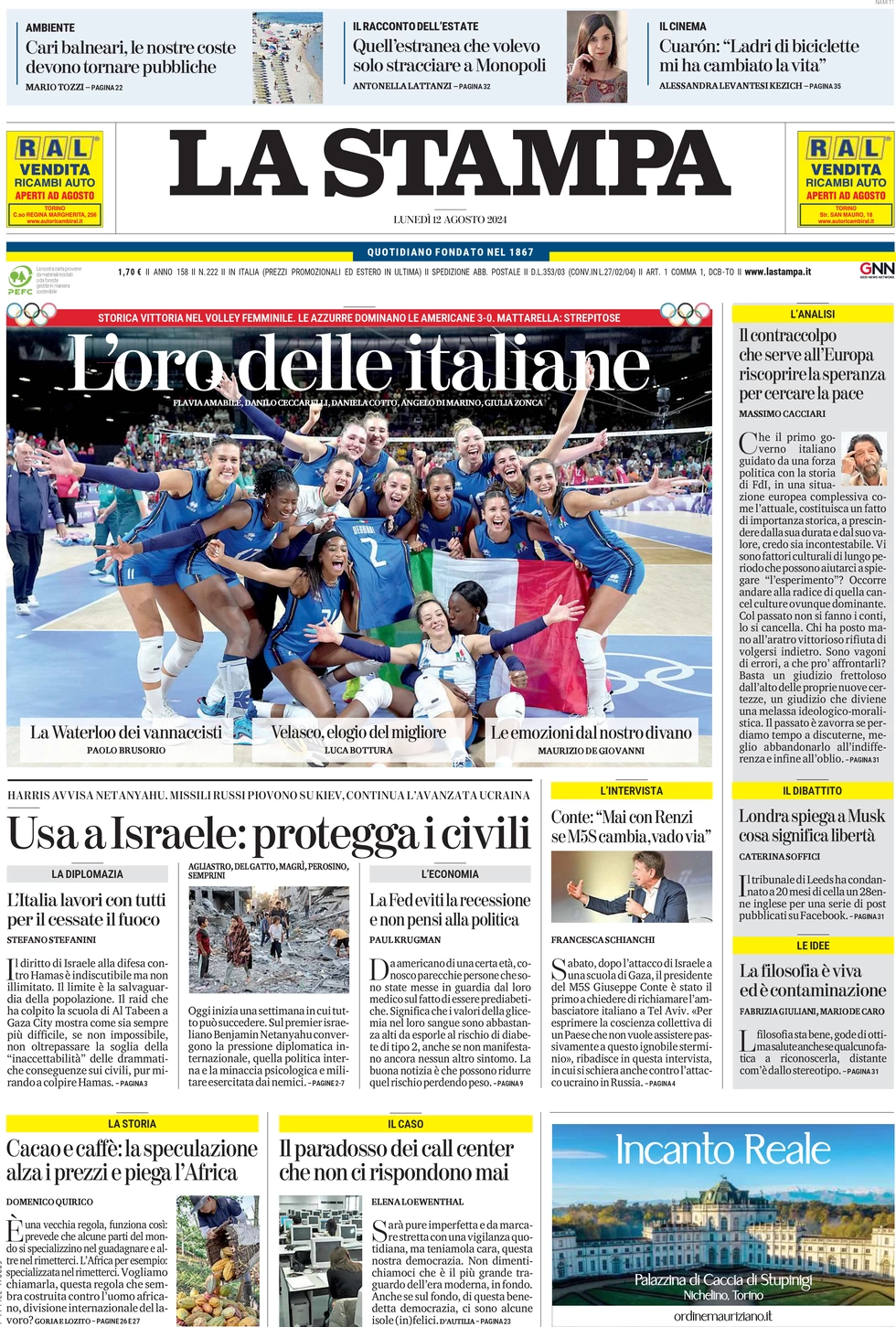 anteprima della prima pagina di la-stampa del 12/08/2024