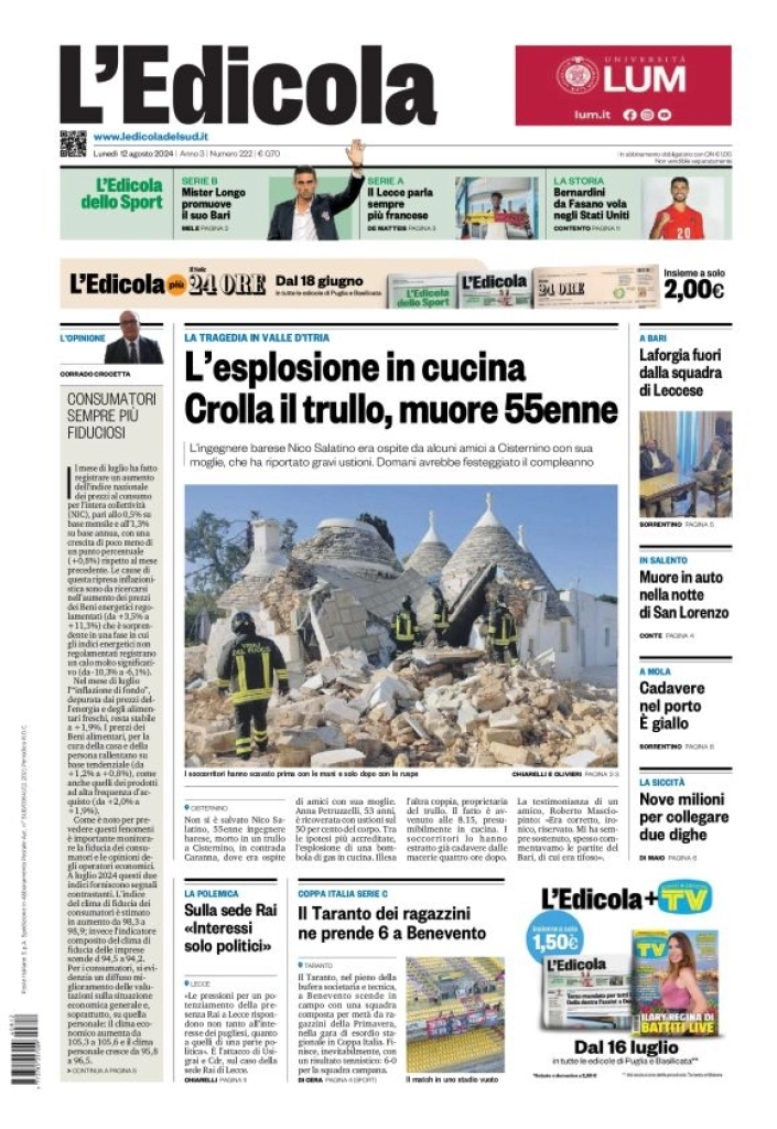 anteprima della prima pagina di ledicola-del-sud-bari,-foggia,-basilicata del 12/08/2024