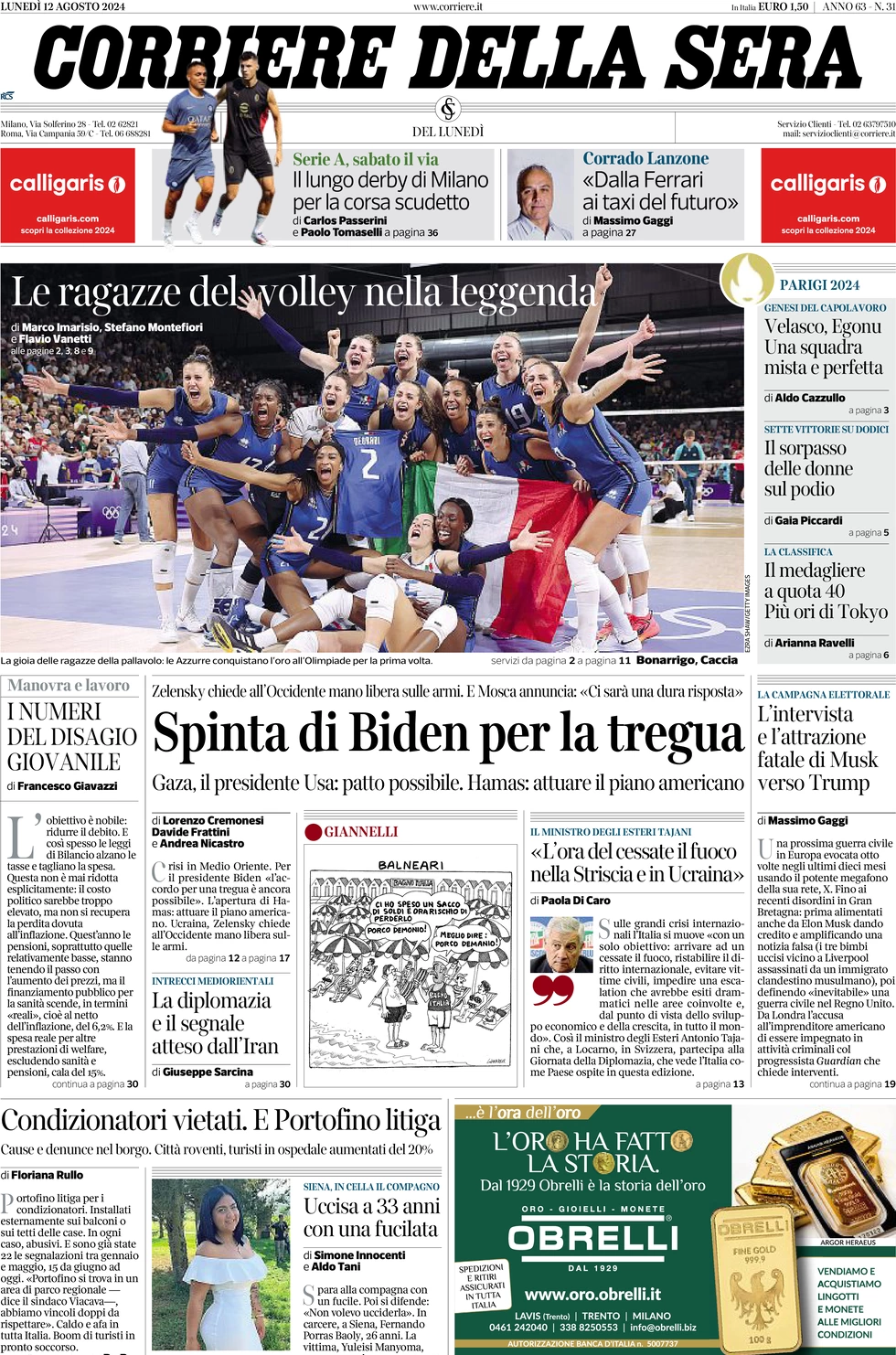 anteprima della prima pagina di corriere-della-sera del 12/08/2024