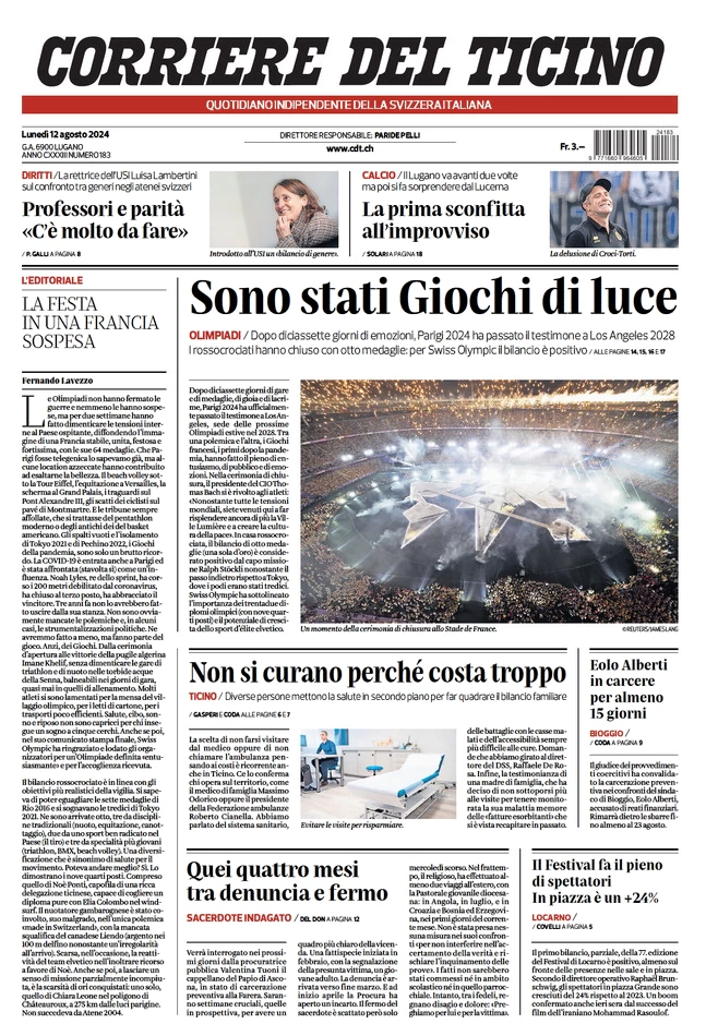 anteprima della prima pagina di corriere-del-ticino del 12/08/2024