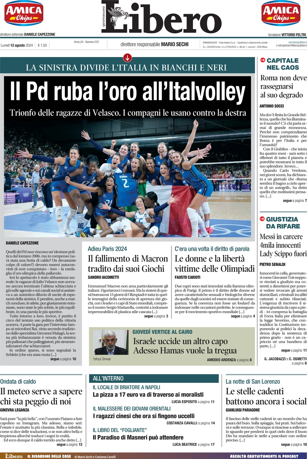 anteprima della prima pagina di libero-quotidiano del 12/08/2024