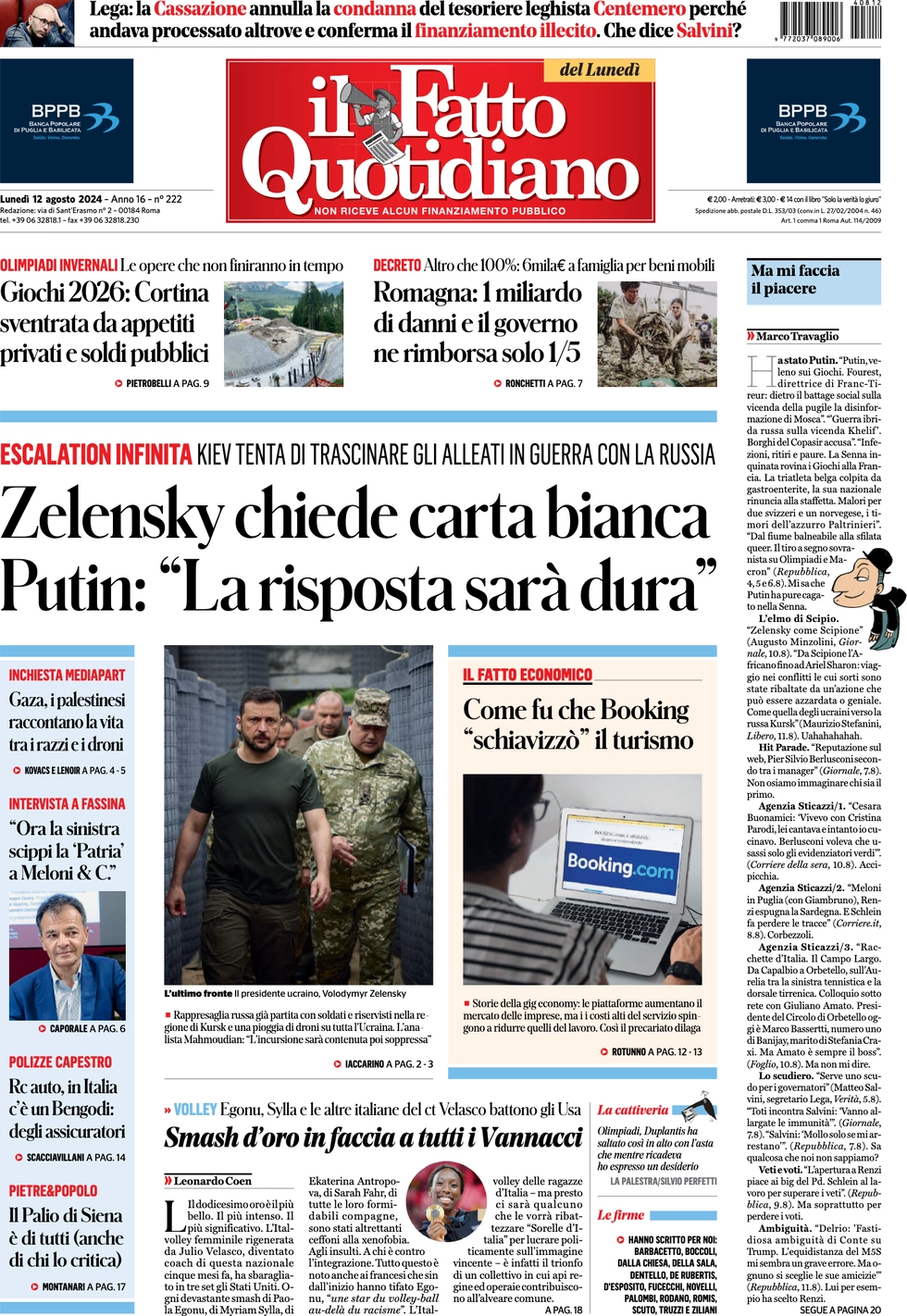 anteprima della prima pagina di il-fatto-quotidiano del 12/08/2024