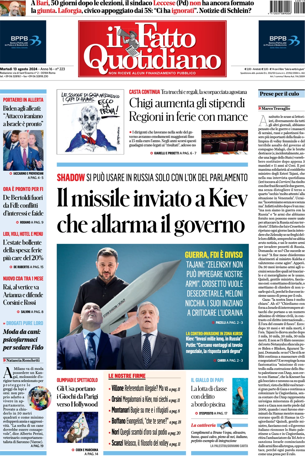 anteprima della prima pagina di il-fatto-quotidiano del 13/08/2024