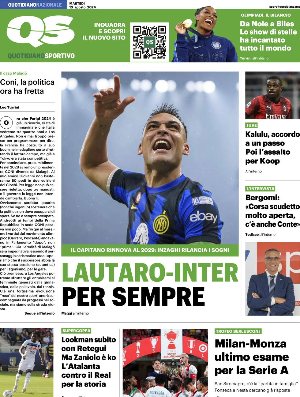 anteprima della prima pagina di qs-quotidiano-sportivo del 13/08/2024