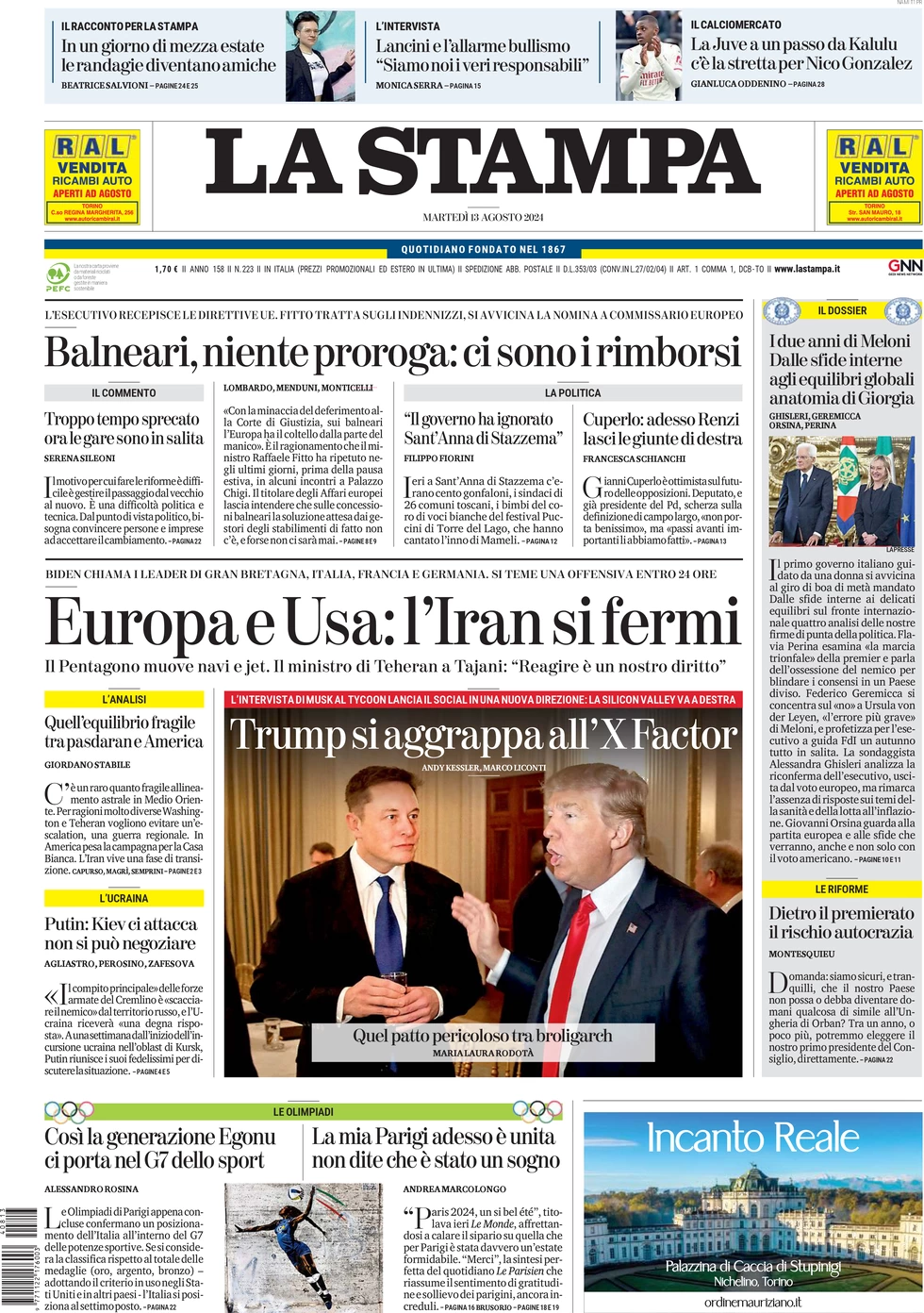 anteprima della prima pagina di la-stampa del 13/08/2024