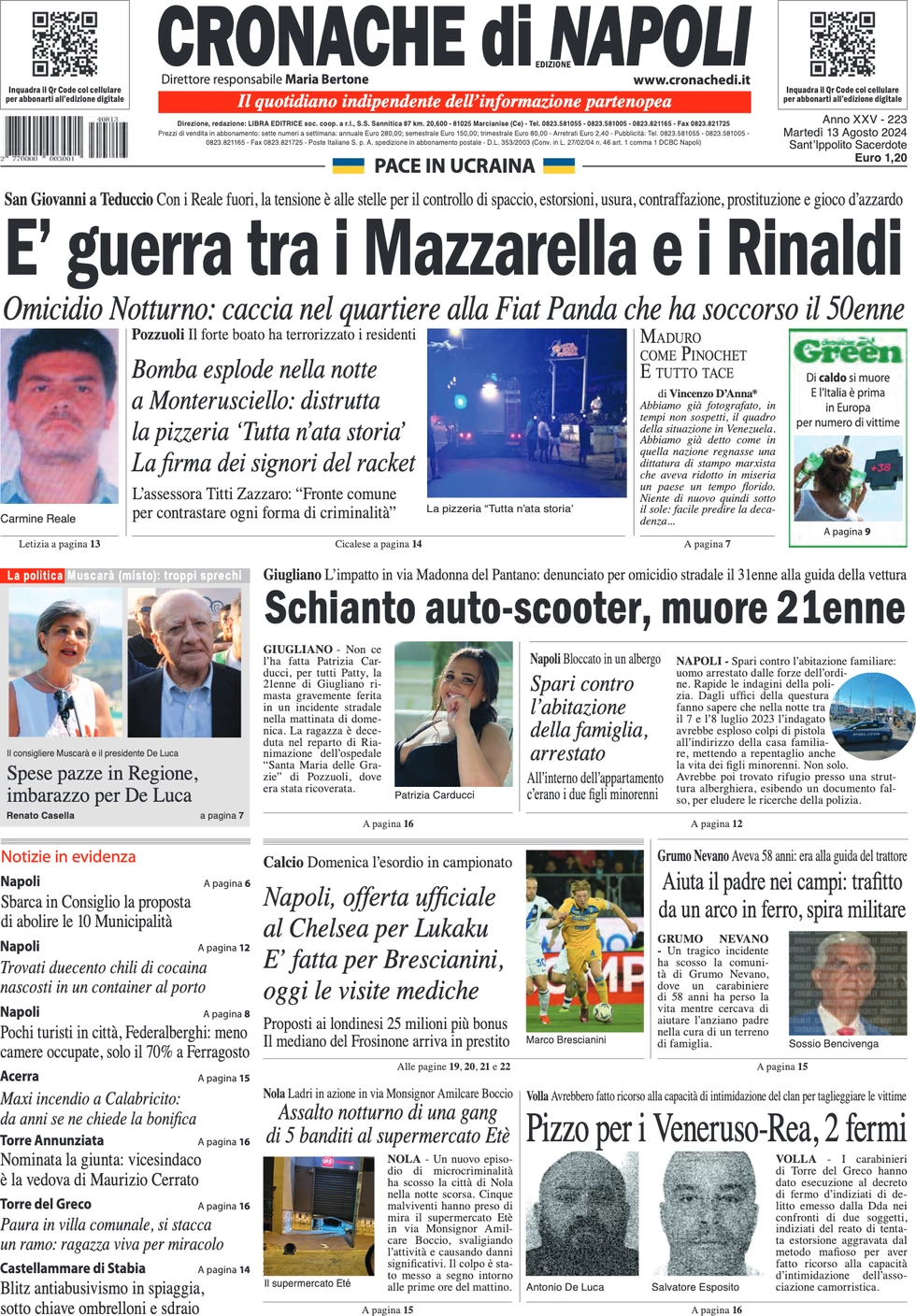 anteprima della prima pagina di cronache-di-napoli del 13/08/2024