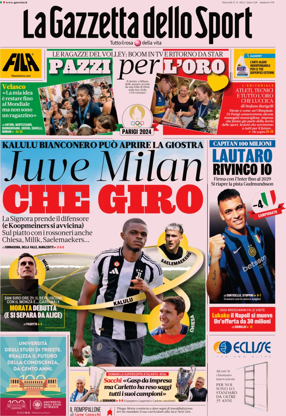 anteprima della prima pagina di la-gazzetta-dello-sport del 13/08/2024