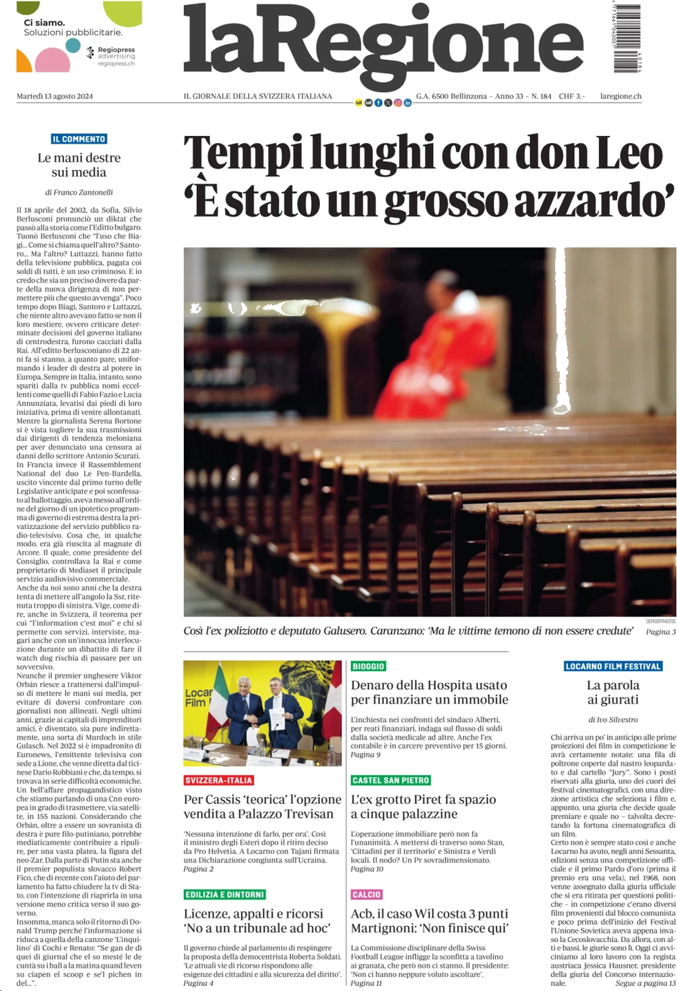 anteprima della prima pagina di la-regione del 13/08/2024