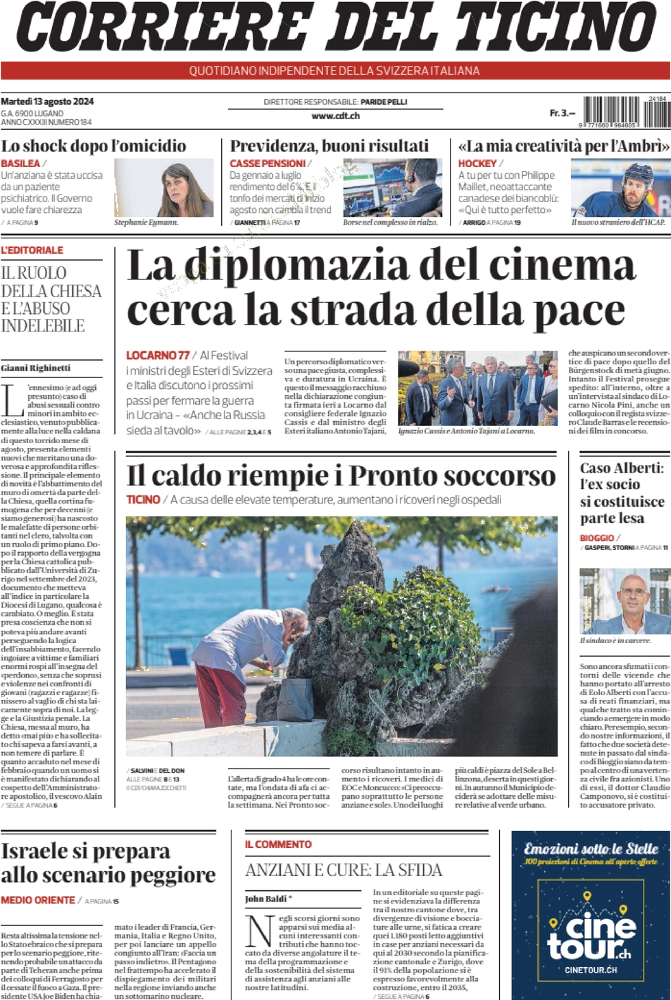 anteprima della prima pagina di corriere-del-ticino del 13/08/2024