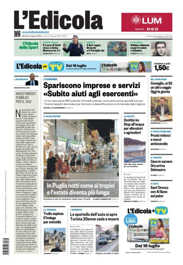 anteprima della prima pagina di ledicola-del-sud-bari,-foggia,-basilicata del 13/08/2024