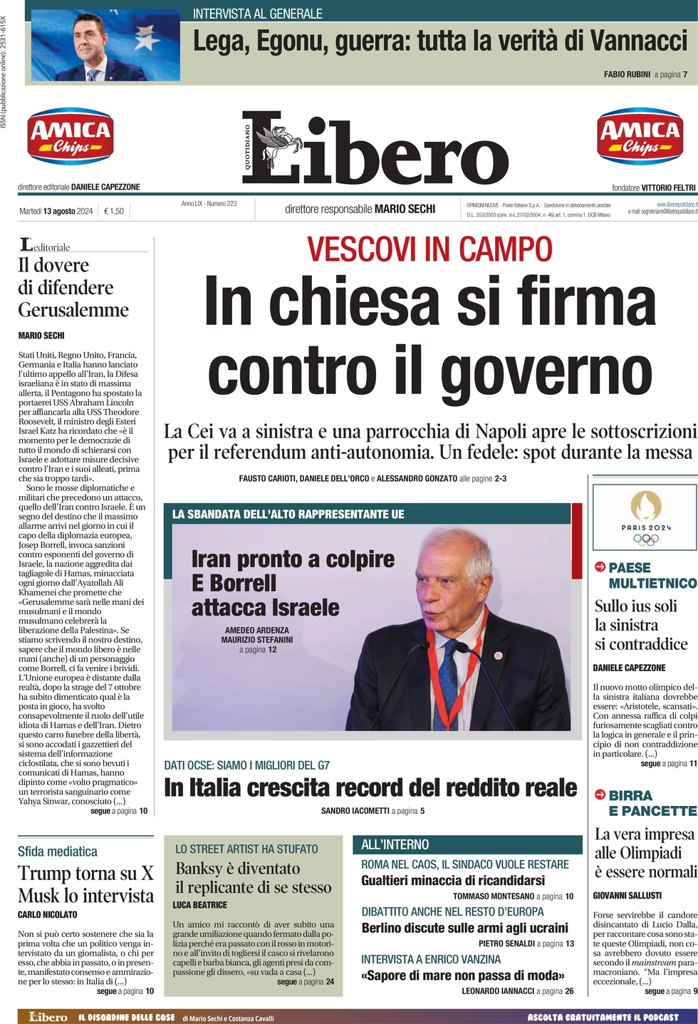 anteprima della prima pagina di libero-quotidiano del 13/08/2024