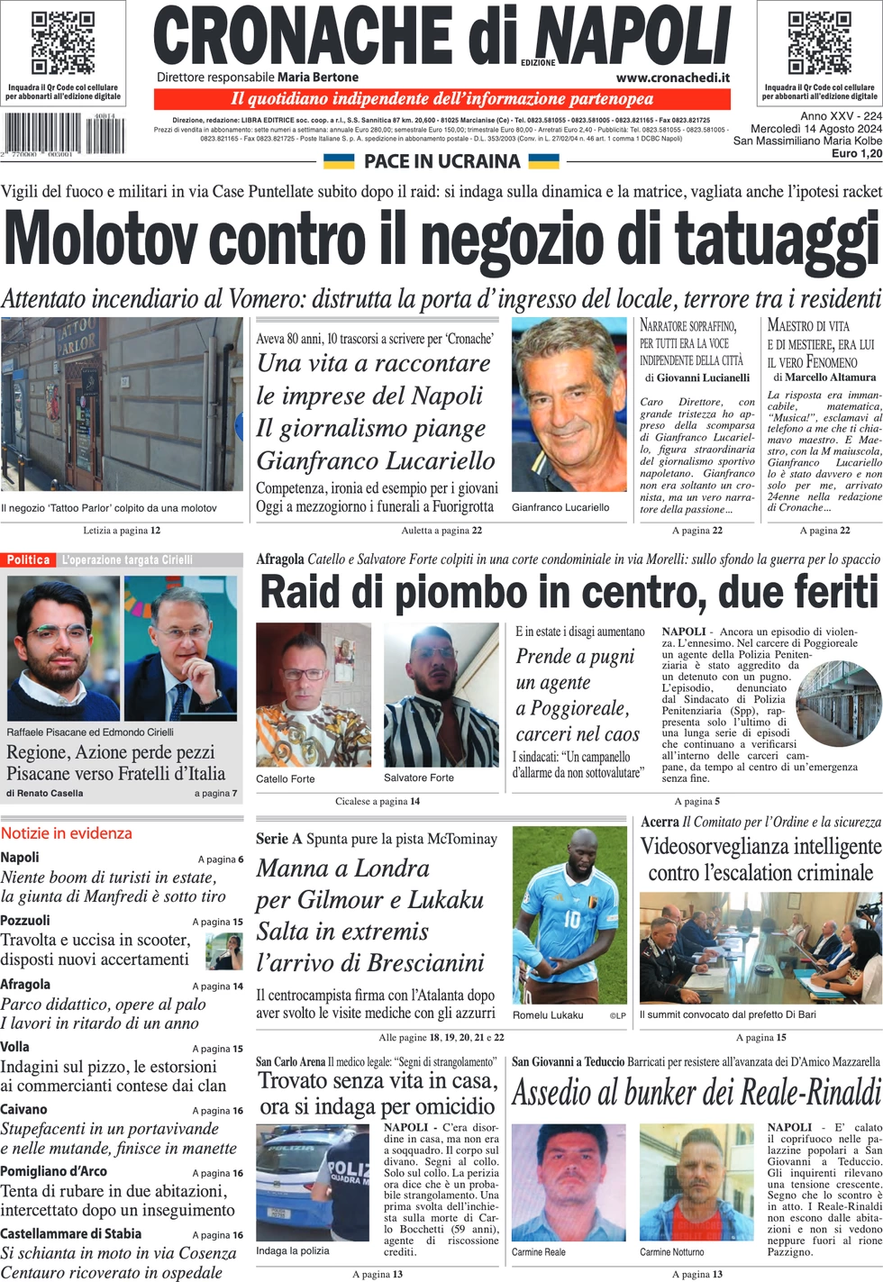 anteprima della prima pagina di cronache-di-napoli del 14/08/2024