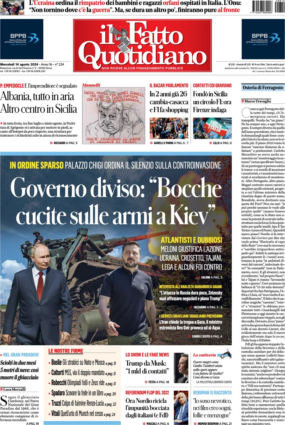 anteprima della prima pagina di il-fatto-quotidiano del 14/08/2024