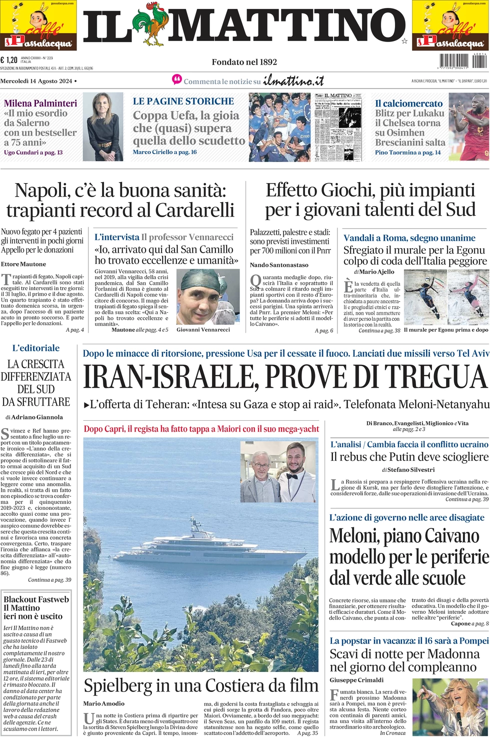 anteprima della prima pagina di il-mattino del 14/08/2024