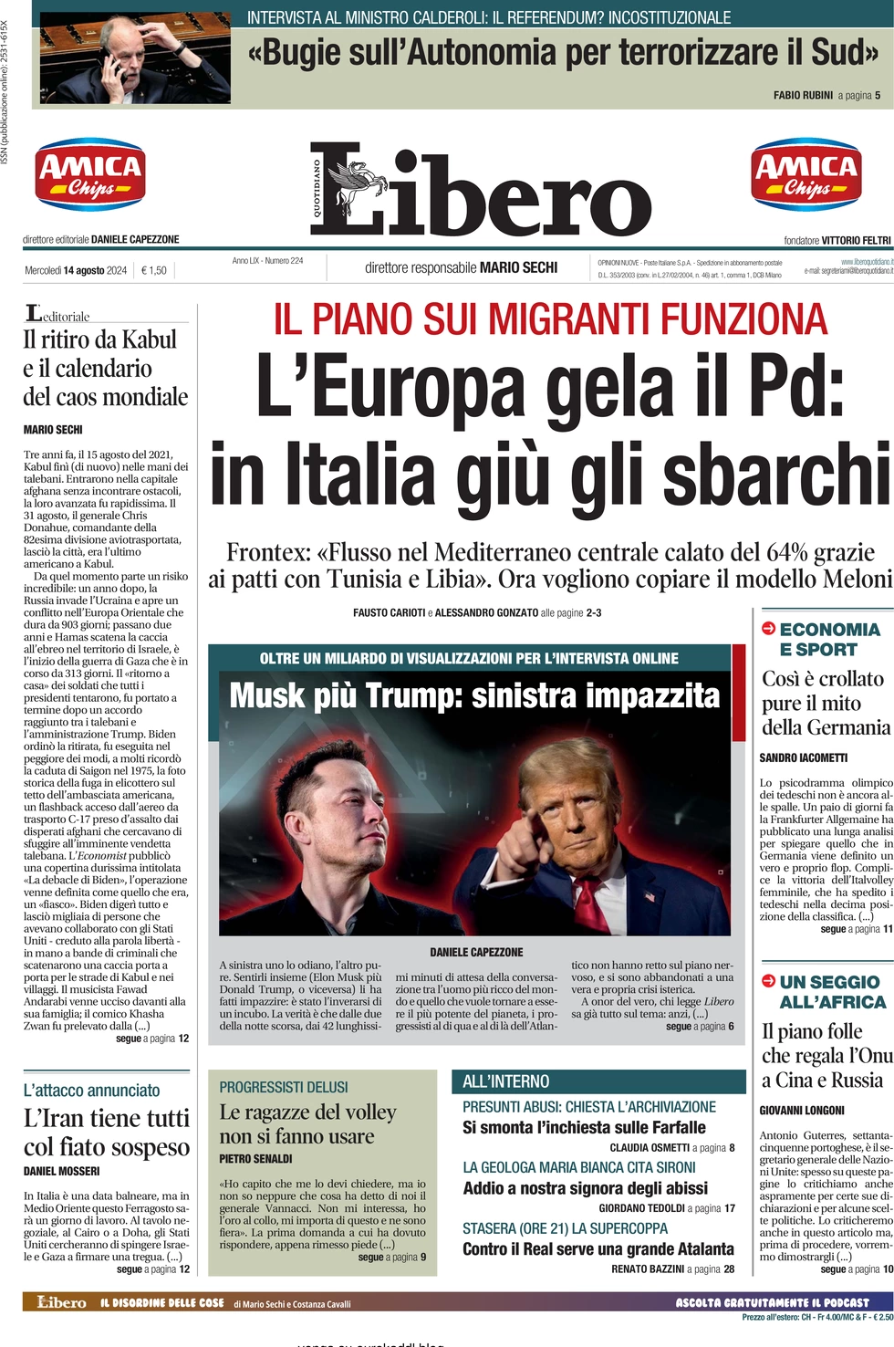 anteprima della prima pagina di libero-quotidiano del 14/08/2024