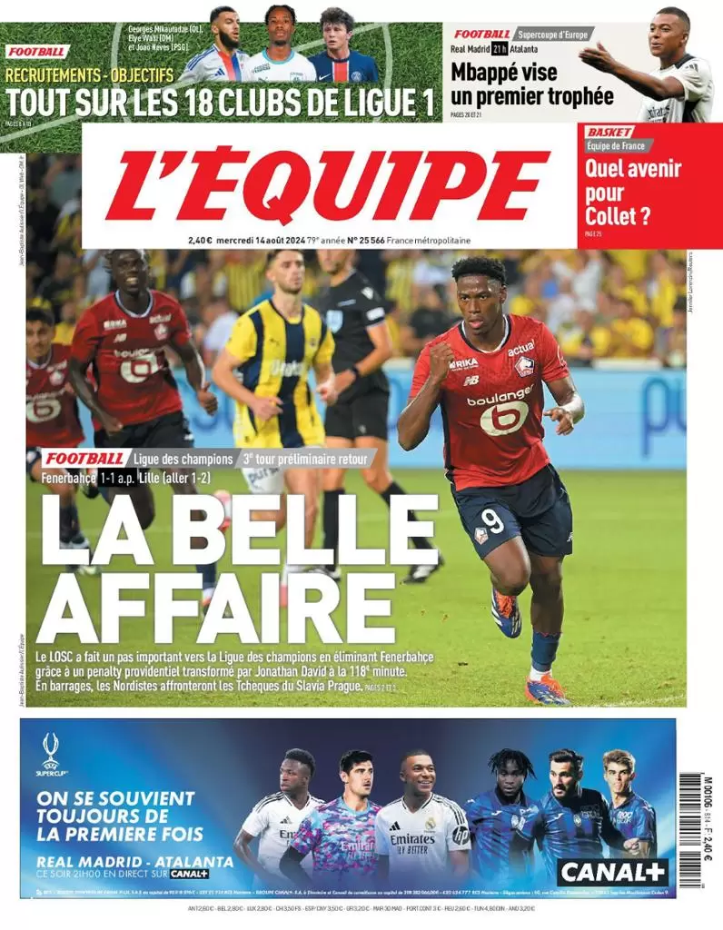 anteprima della prima pagina di lequipe del 14/08/2024