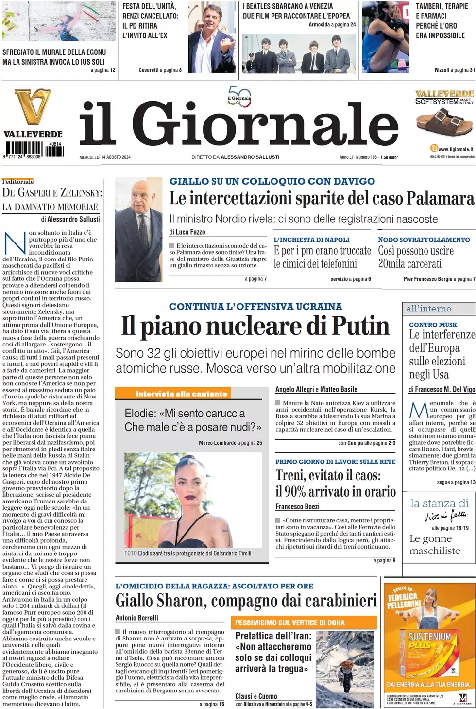 anteprima della prima pagina di il-giornale del 14/08/2024