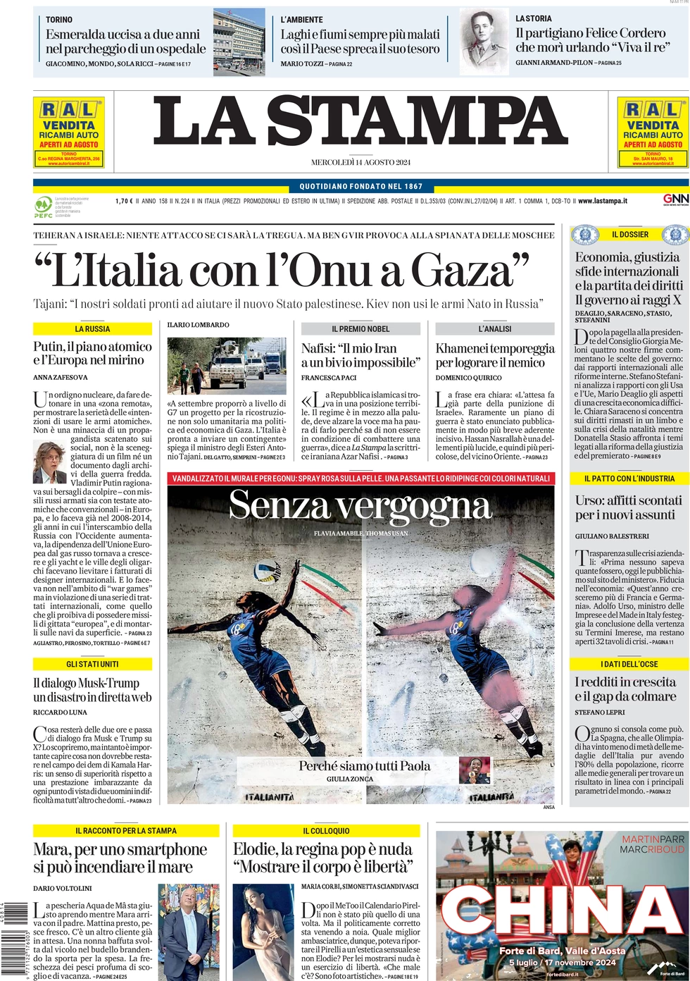 anteprima della prima pagina di la-stampa del 14/08/2024