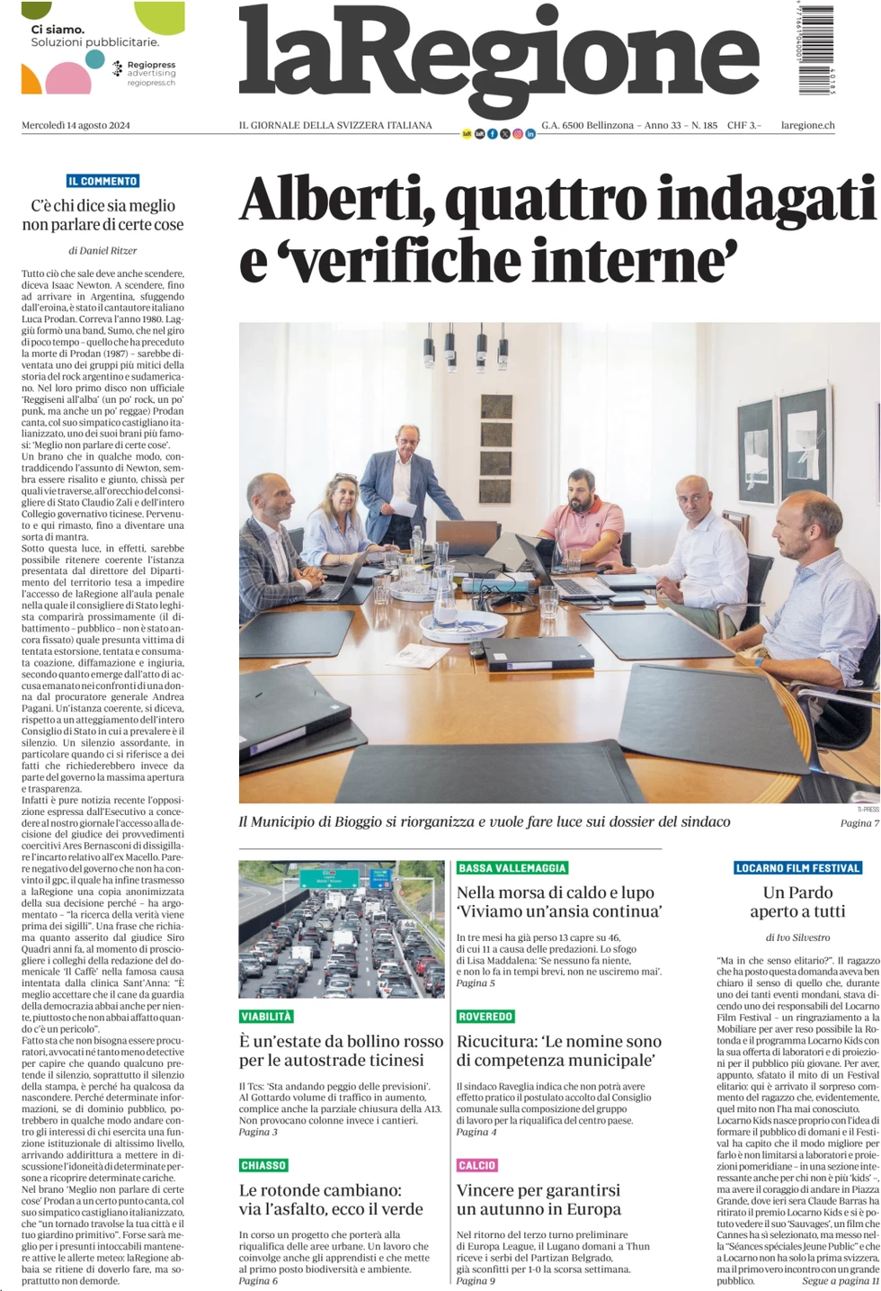 anteprima della prima pagina di la-regione del 14/08/2024