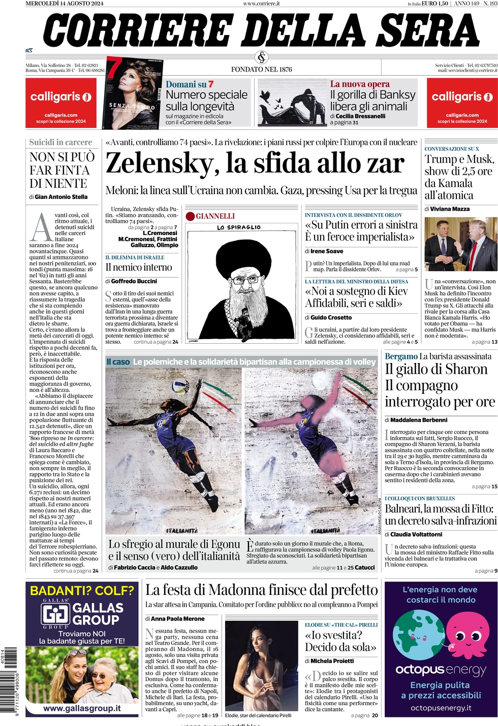 anteprima della prima pagina di corriere-della-sera del 14/08/2024