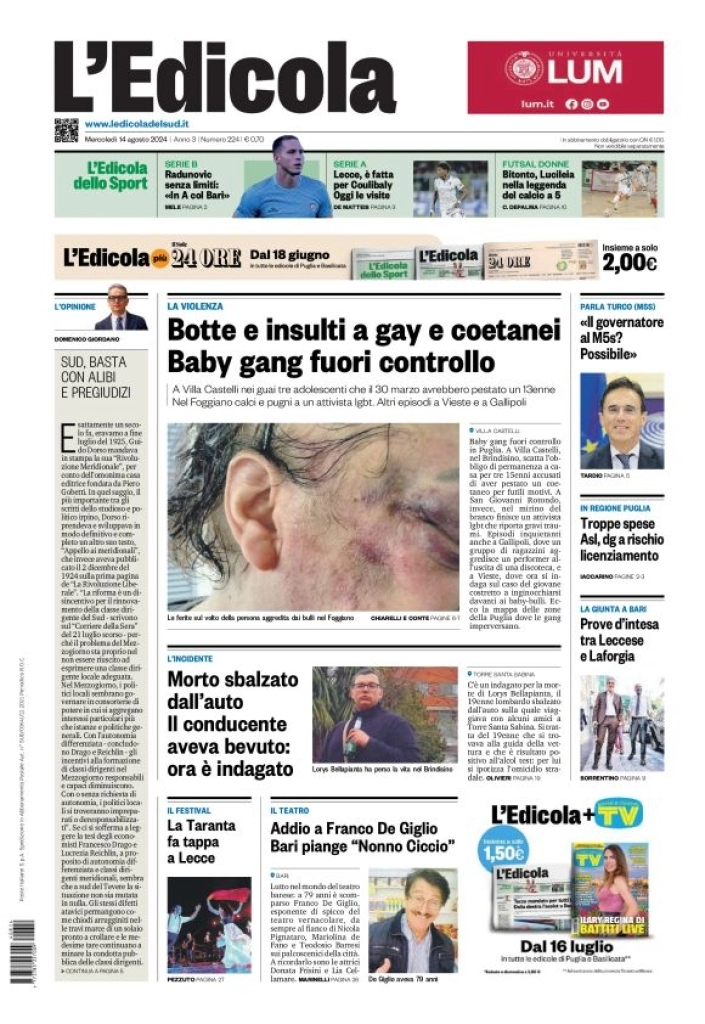 anteprima della prima pagina di ledicola-del-sud-bari,-foggia,-basilicata del 14/08/2024
