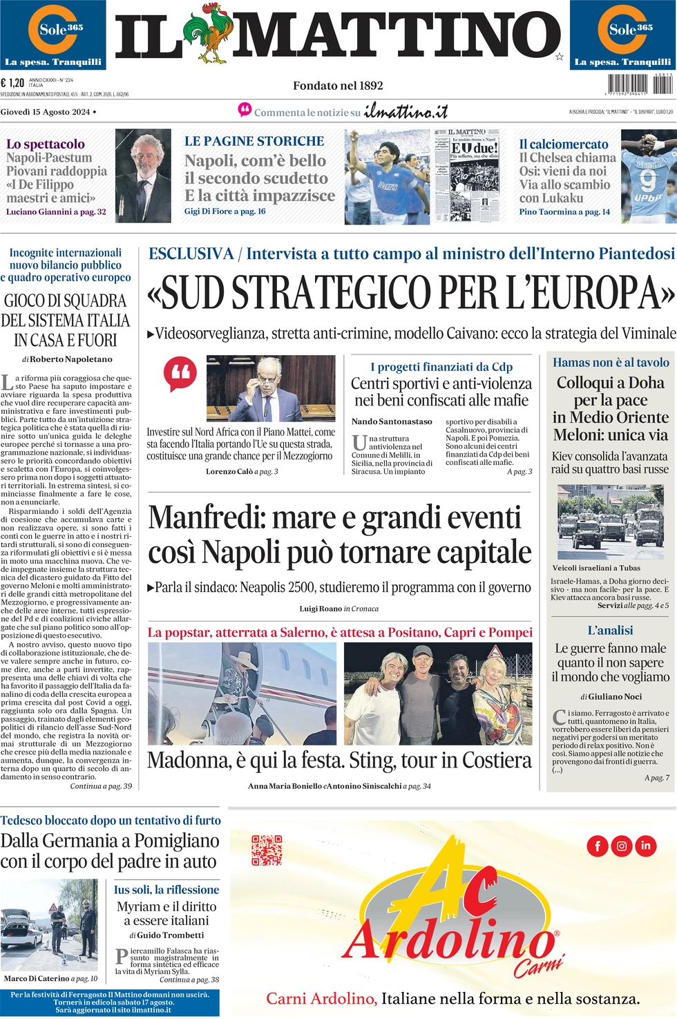 anteprima della prima pagina di il-mattino del 15/08/2024