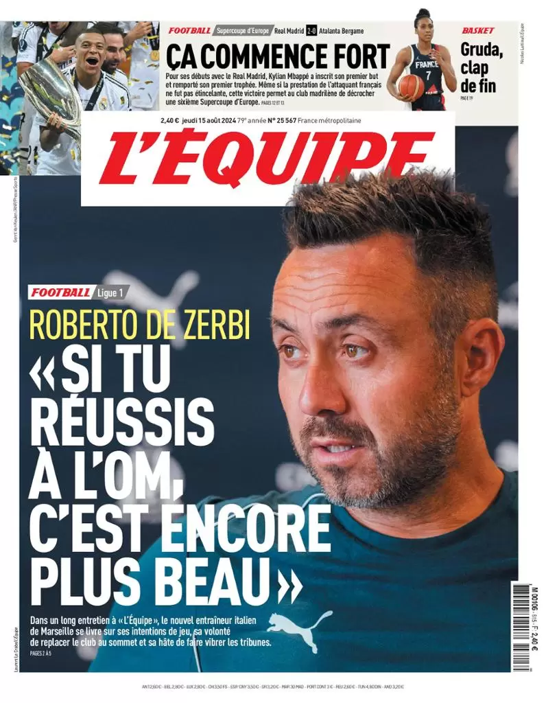 anteprima della prima pagina di lequipe del 15/08/2024