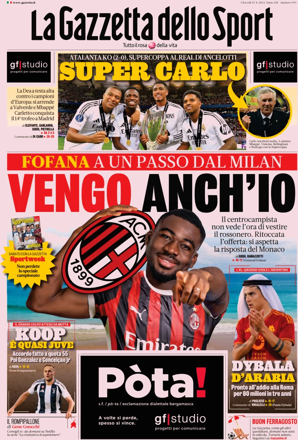 anteprima della prima pagina di la-gazzetta-dello-sport del 15/08/2024