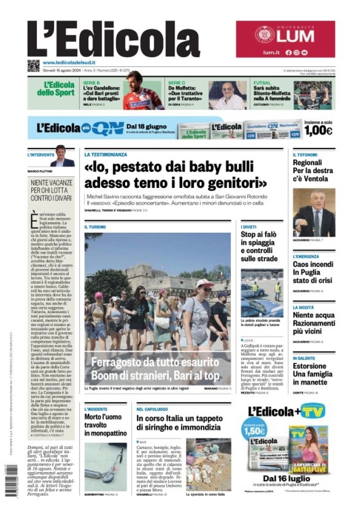 anteprima della prima pagina di ledicola-del-sud-bari,-foggia,-basilicata del 15/08/2024