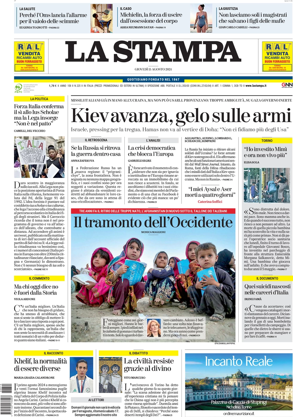 anteprima della prima pagina di la-stampa del 15/08/2024