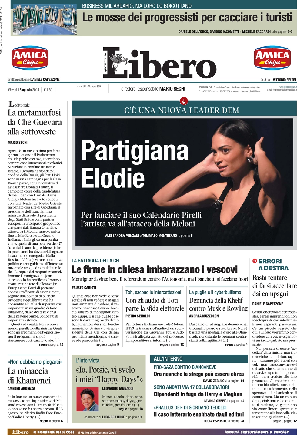 anteprima della prima pagina di libero-quotidiano del 15/08/2024